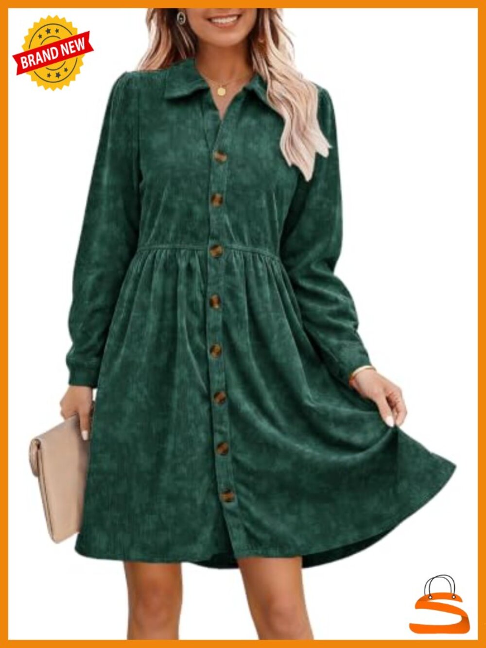 Women's Corduroy Button Down Shirt Dress Tiered Back Long Sleeve Mini